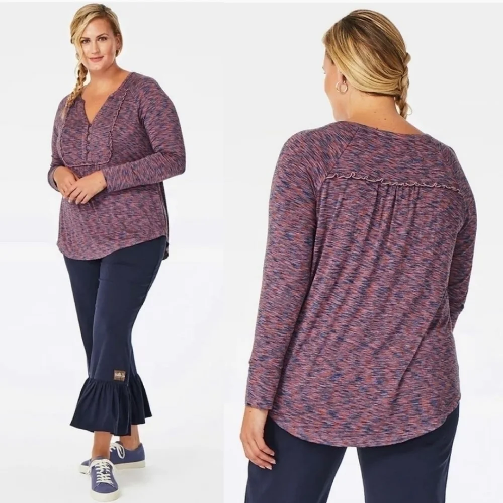 Matilda Jane Spacedye pink blue purple v neck long sleeve sz large shirt WT293